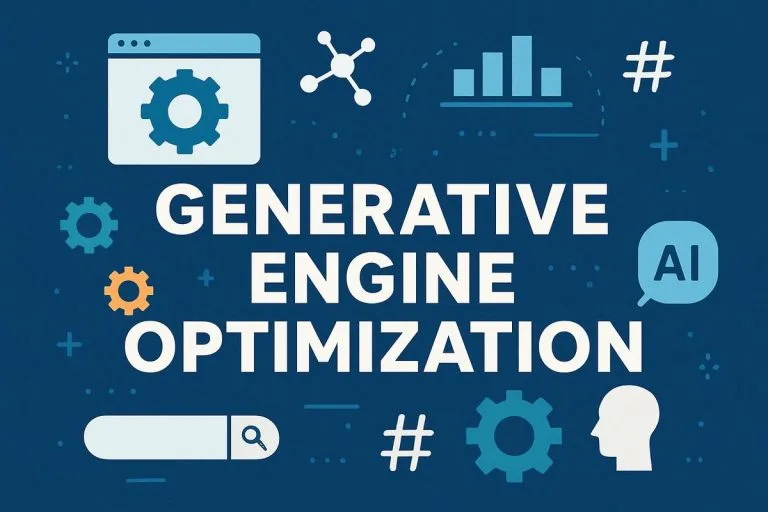 Generative Engine Optimization text in the center, surrounded by a gear, search box, hashtag, diagram, link, and a white head.