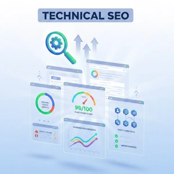 Technical SEO with search icon, page speed score, organic traffic growth, structured data, and crawl, with some blurry elements.