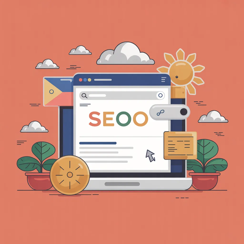 Stylized laptop showing a search engine with “SEOO” on screen, surrounded by plants, clouds, and sun icons on a warm orange background, with a Philippine flag element suggesting SEO or digital marketing in the Philippines.