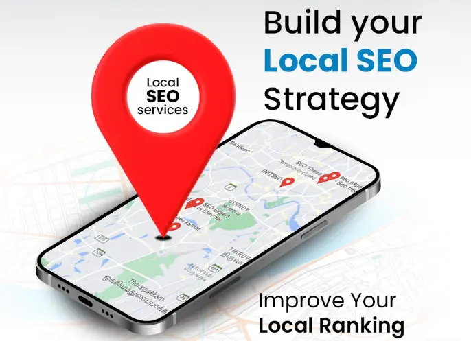 Phone with Google Maps on the screen and a map pin in the top, accompanied by the text 'Build your Local SEO Strategy and Improve Ranking.