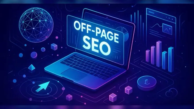 Laptop displaying Off-Page SEO on screen, with arrows and diagrams illustrating backlinking, external optimization, and website authority building.