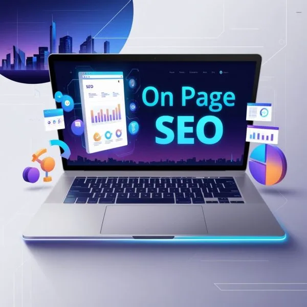 Laptop displaying on-page SEO dashboard with floating charts, graphs, and optimization data