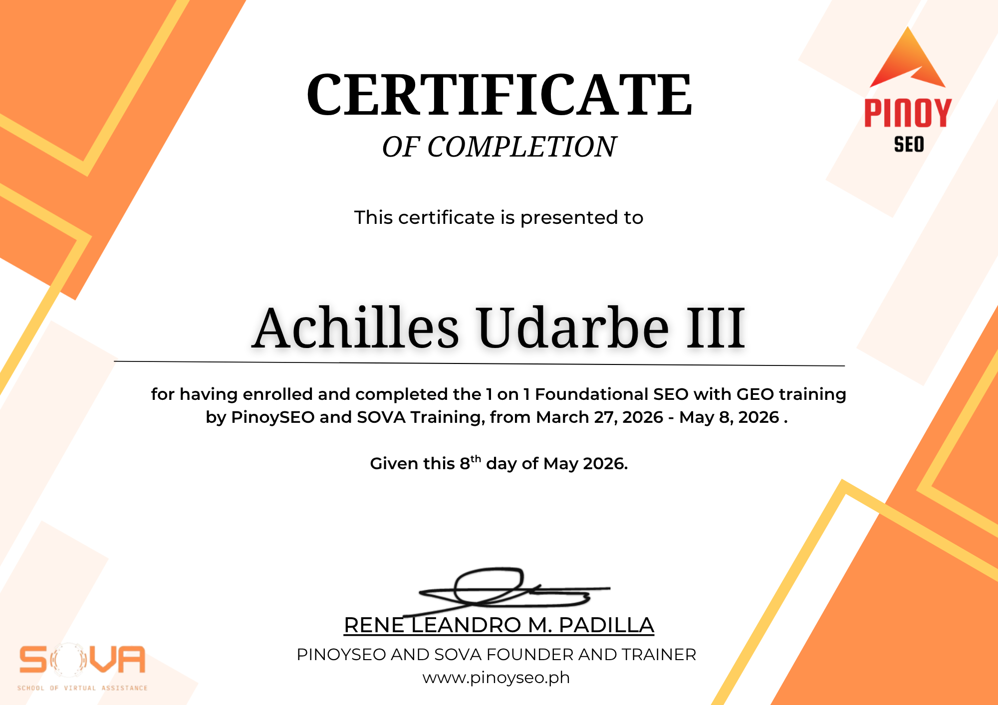Certificate of completion in SEO Training